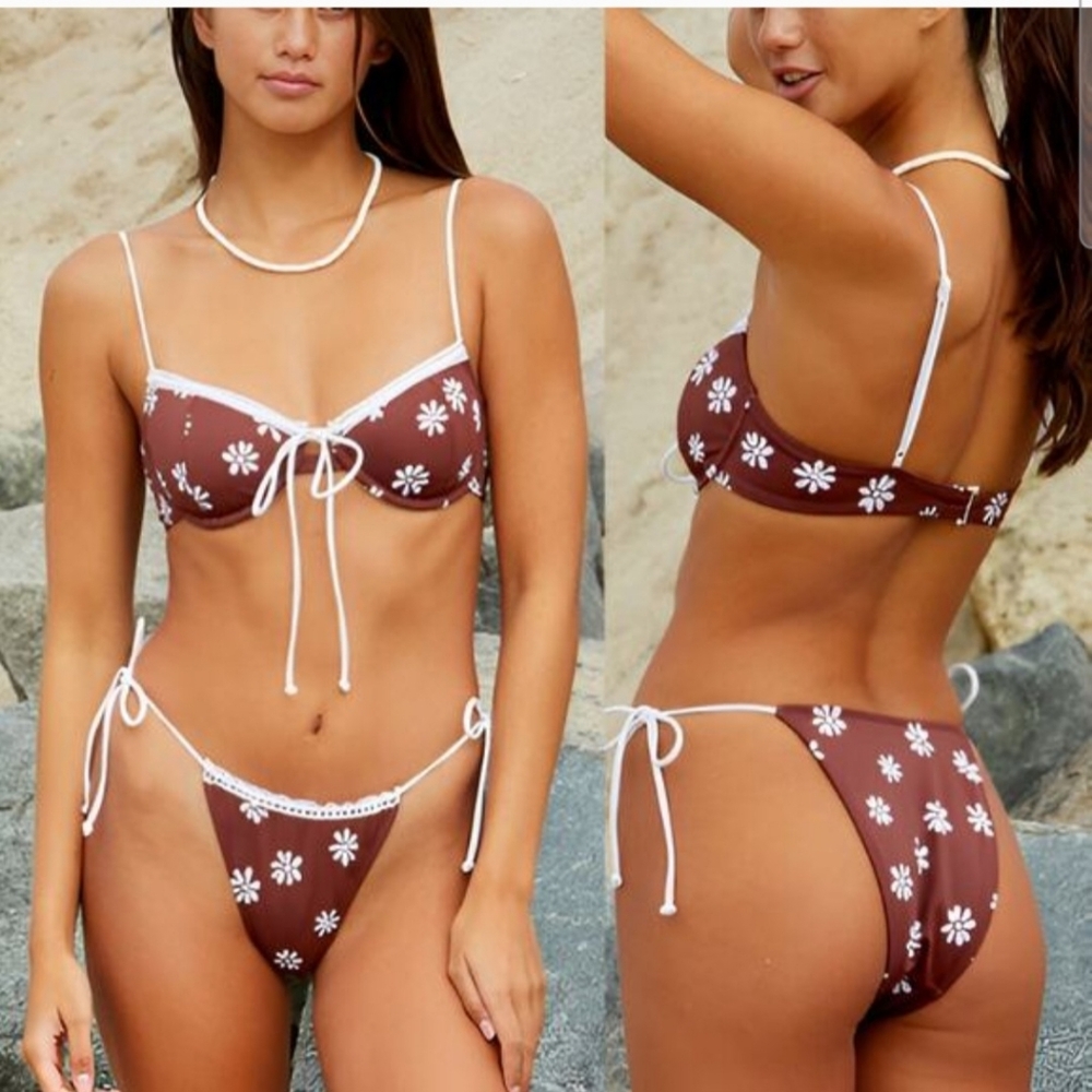 PacSun Beach Eco Brown Floral Beverly Crochet Two Piece Swim Bikini Set Size S